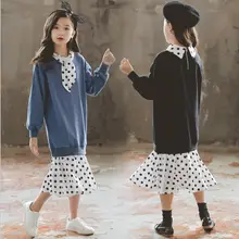 Платья для больших девочек коллекция года, Осеннее детское платье в горошек с длинными рукавами в стиле пэчворк корейские модные длинные платья для девочек Одежда для подростков от 12 до 14 лет