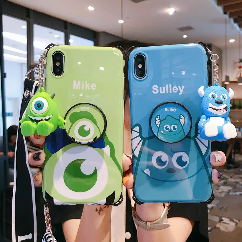 

Cute Cartoon Phone Case For iphone 6s 7 6 8 plus X XR XS Max Back Cover With Stand Holder Lanyard Strap Funny Toy Soft Cases
