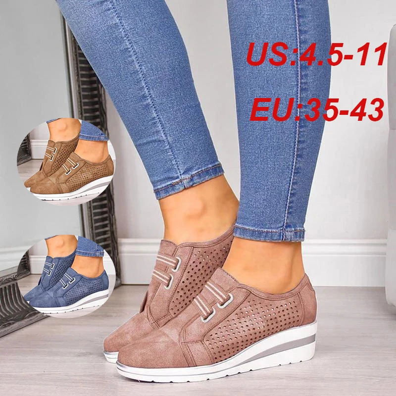 

Tangnest Women Wedge Shoes PU Leather Sneakers Low Heels Slip On Casual Soft Creepers Hollow Breathable Lady Loafers XWD7858