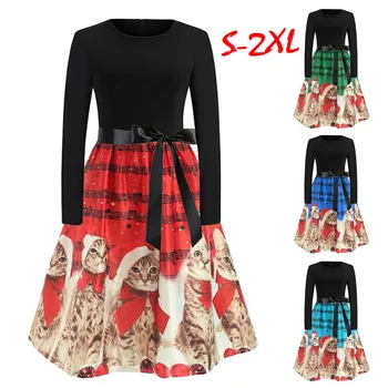 

sexy dress women dress autumn платье женское robe femme Vintage Print Long Sleeve Christmas Evening Party Swing Dress h4