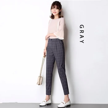 

Women's Plaid Pants 2019 Autumn Nine Points Casual Office Lady Pants Female Fahion Feet Harem Plus Size Capris