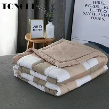 

TONGDI Cool Soft Latticed Striped Thin Cotton Quilt Blanket Luxury For Cooling Summer Couch Cover Bed Machine Wash Bedspread