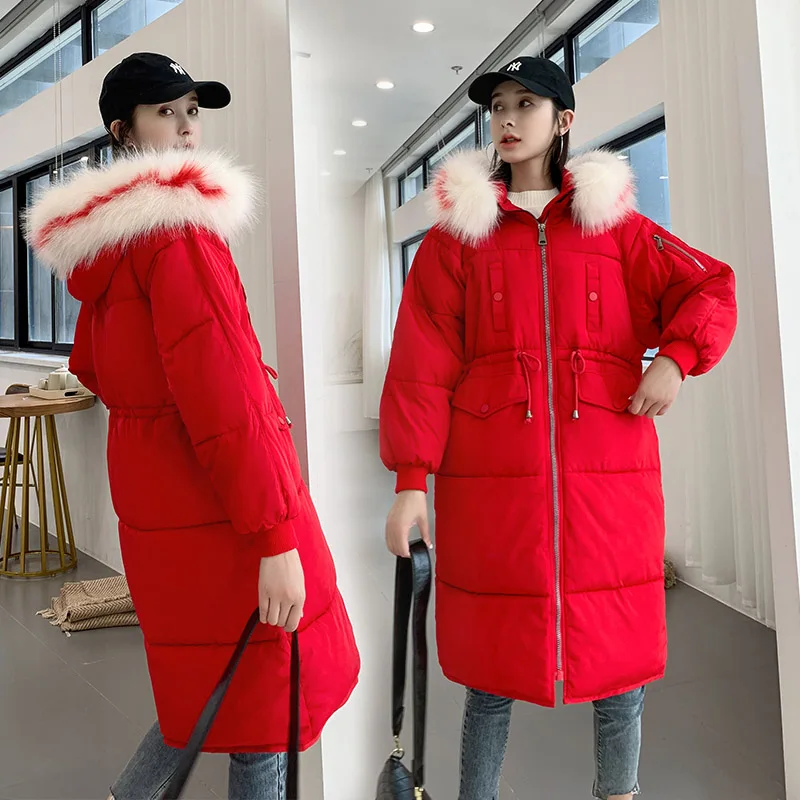 30 градусов зимние женские куртки большой меховой воротник толстые теплые длинные парки пальто Твердые свободные с капюшоном пуховики размера плюс парка - Цвет: Red 1