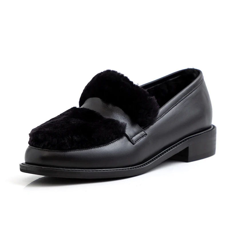 Black Donna-in/повседневные зимние женские лоферы из натуральной кожи с мехом без застежки; удобная обувь на плоской подошве из толстой натуральной шерсти; женская обувь - Цвет: Black