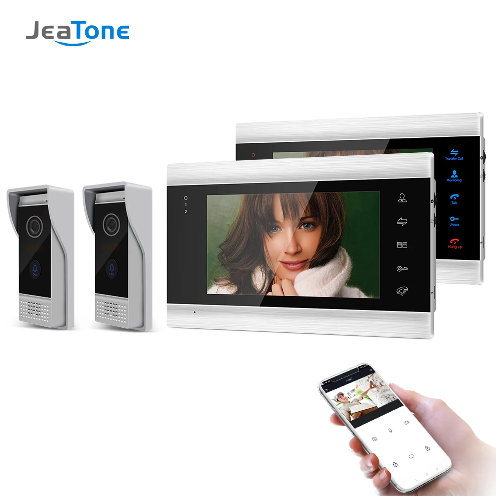 

Jeatone 7 Inch Wireless/Wifi Smart IP Video Door Phone Intercom System with 2 Night Vision Monitor + 2 Rainproof Doorbell Camera