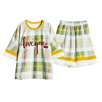 

Summer Lovely Sleepwear Set Loose Ladies Casual Home Wear Turn-down Collar Pajama Soft Cotton Nightwear Large Size Pijama M-2XL