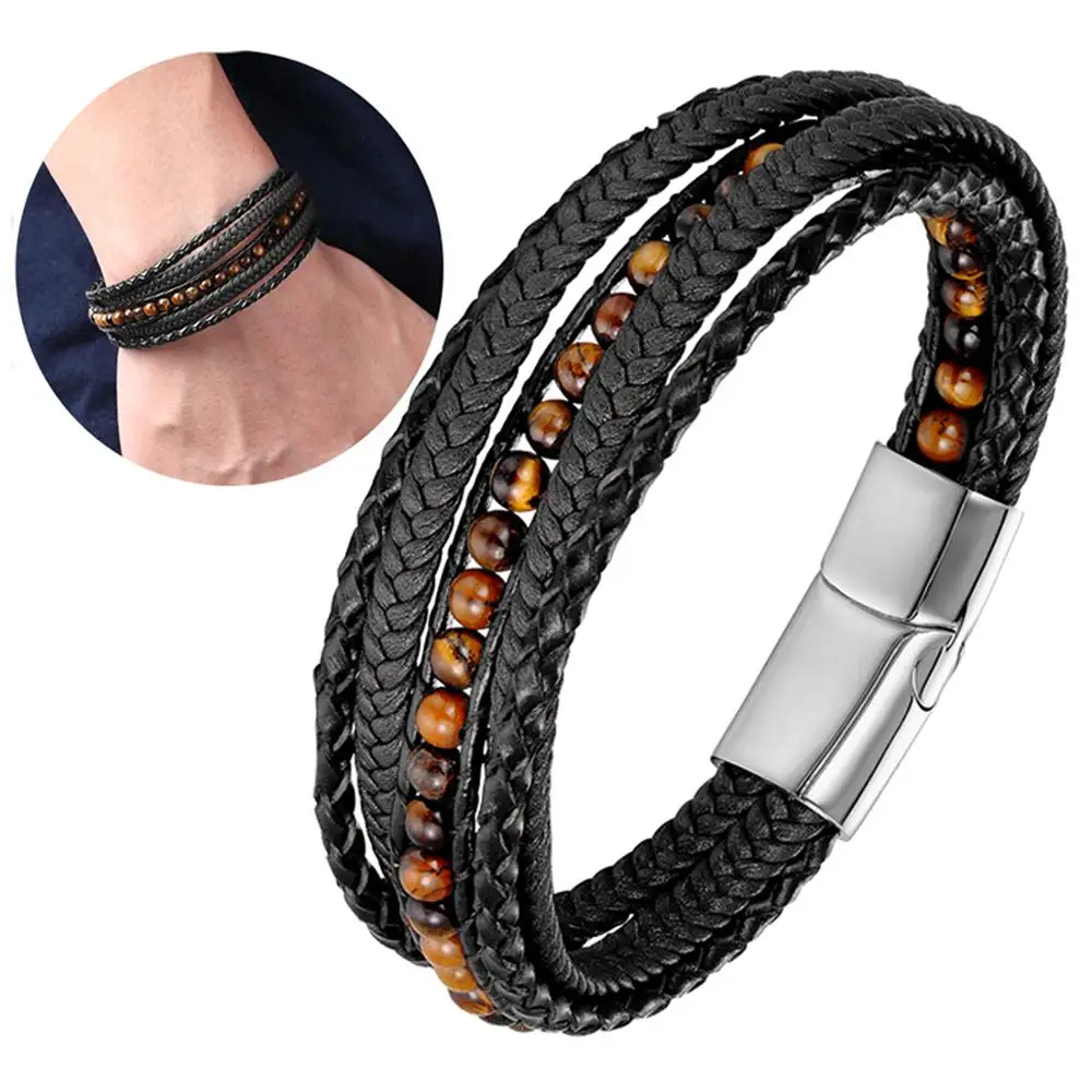 Jewelry Adviser Beads 6mm Onyx Beads Leather Cord Multi Wrap Bracelet 