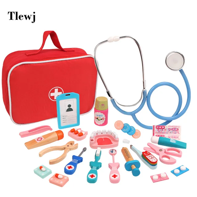 Children Wooden Dentist Doctor Pretend Play Toys Kit Nurse Role Act Game Set Simulation Medical Accessories Bag For Boy Girl Kid 1