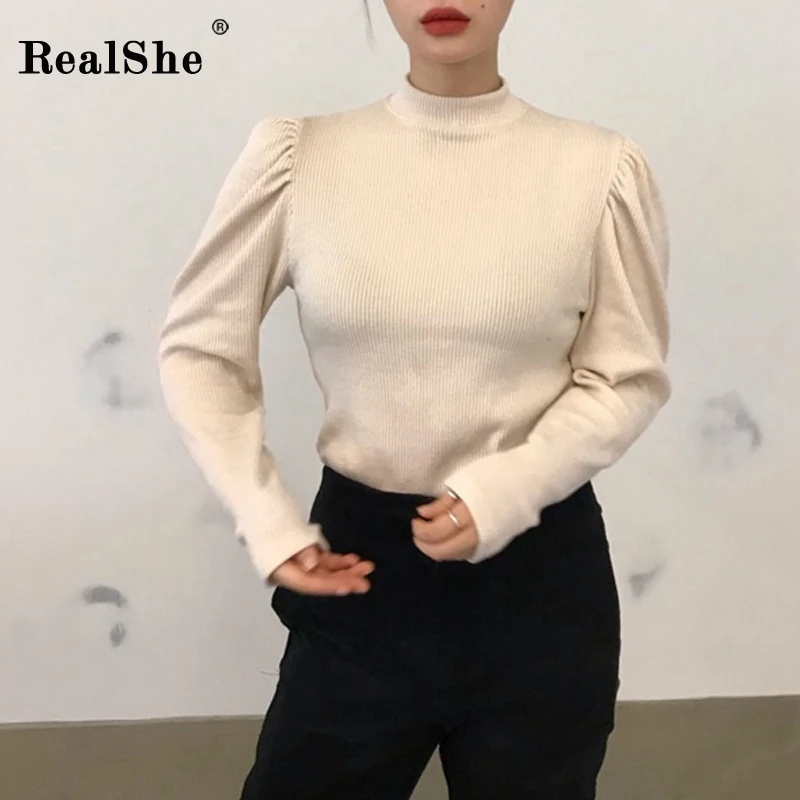 RICININA, женская футболка, хлопок, с высоким воротом, с пышными рукавами, одноцветная, футболка для женщин, весна, повседневная, элегантная, трикотажная футболка, Femme T