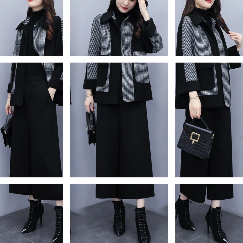 

2019 New Style WOMEN'S Dress Autumn And Winter Woolen Two-Piece Pants Joint Plaid Coat Loose Pants Casual Fashion WOMEN'S Suit