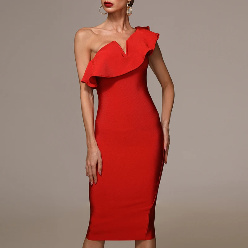 Женское асимметричное платье миди INDRESSME красное Бандажное с оборками на одно