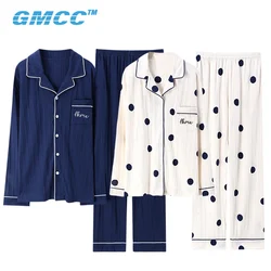 Long Sleeve Sleepwear Pants Two Piece Set Home Wear Cotton Turn-down Collar Lounge Sleep Tops Plus Size Couple Man&Women Pajama
