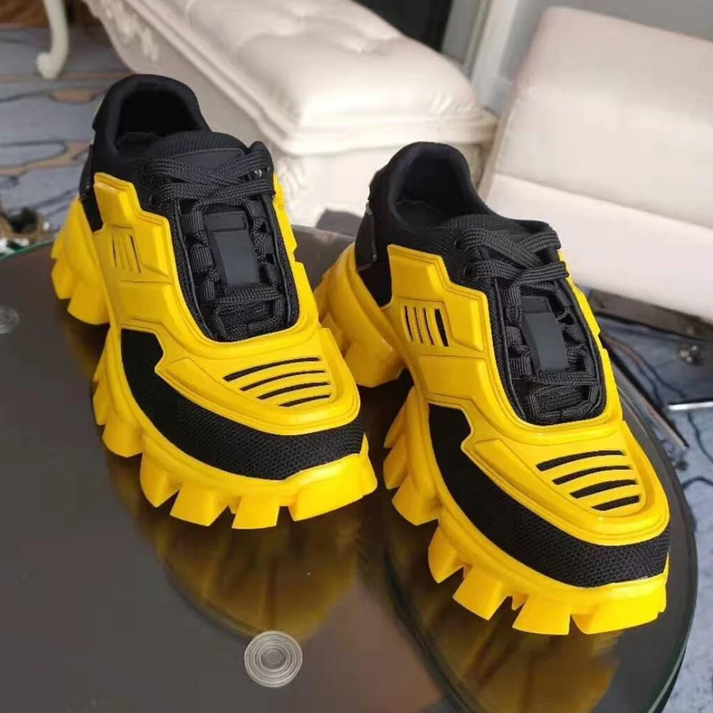 yellow with black Лидер продаж; мужские кроссовки; обувь для папы; удобная обувь из натуральной кожи на толстой плоской подошве; разноцветные кроссовки на толстой подошве со шнуровкой для мужчин - Цвет: yellow with black