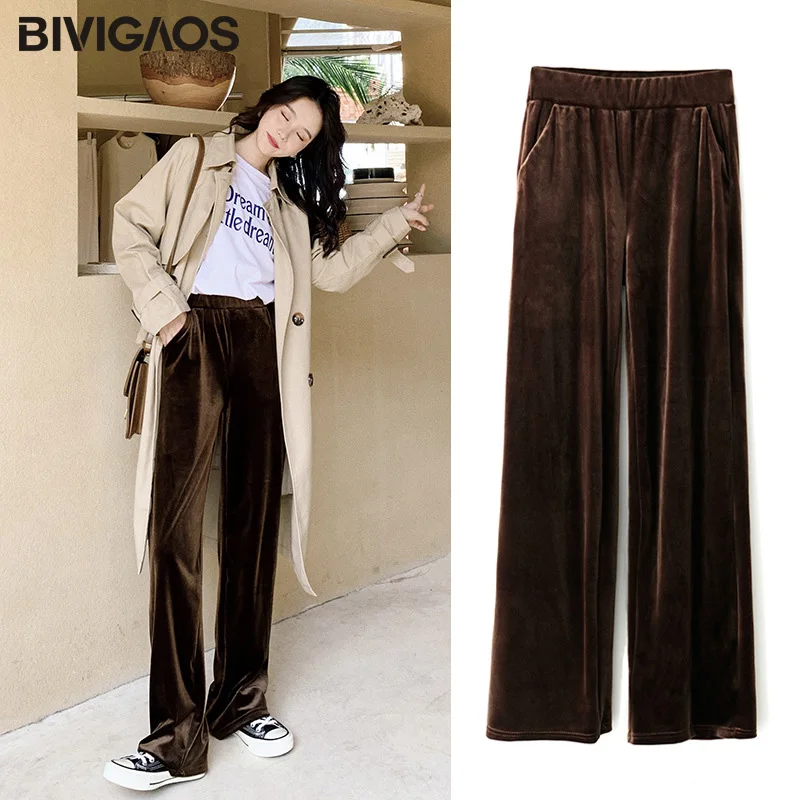 BIVIGAOS осенние новые Мода и досуг плиссированные прямые широкие брюки Вельветовая с завышенной талией штаны свободные брюки длинные расклешенные брюки для женщин - Цвет: Коричневый