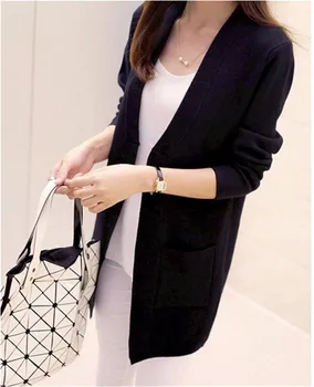 

CEODOGG Plus Size XL New Women Spring/ Autumn Sweater 2017 Long Cardigan Korean Slim Pocket Loose Knit Sweater Outwear Coat