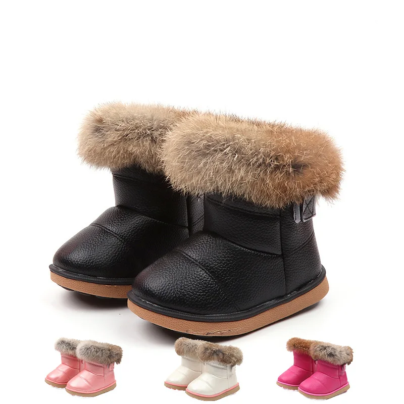 

New children's boots children's rubber boots winter thickening plush girls snow boots boys warm leather short baby shoes 13-18cm