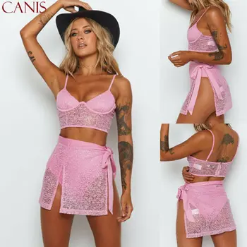 

2PCS Women's Mesh Bodycon Crop Top Casual Party Evening Mini Skirt Dress Set US