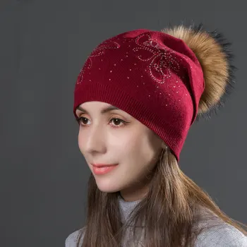 

Women Hat Winter Knit Beanie Wool Autumn Raccoon Fur Pompon Embroidery Double Layer Headwear Outdoor Ski Snow Accessory Female