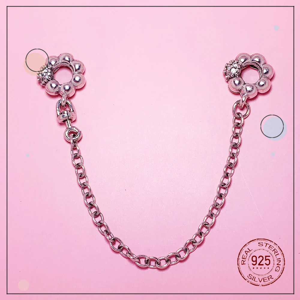 

HOT SALE 925 Sterling Silver Flower Safety Chain Charm Bead Charm suitable for original 3mm bracelet ladies fashion DIY jewelry