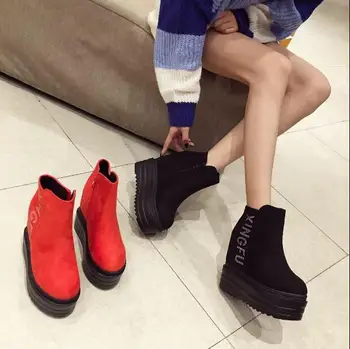 

14CM wedge heel boots super high heel suede platform Martin boots sponge cake plus velvet shoes