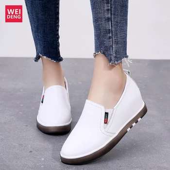 

WeiDeng Women Genuine Leather Casual Shoes Platform Leisure Young Loafers Increase 6cm Slip On Non Slip Breathable Light Fashion