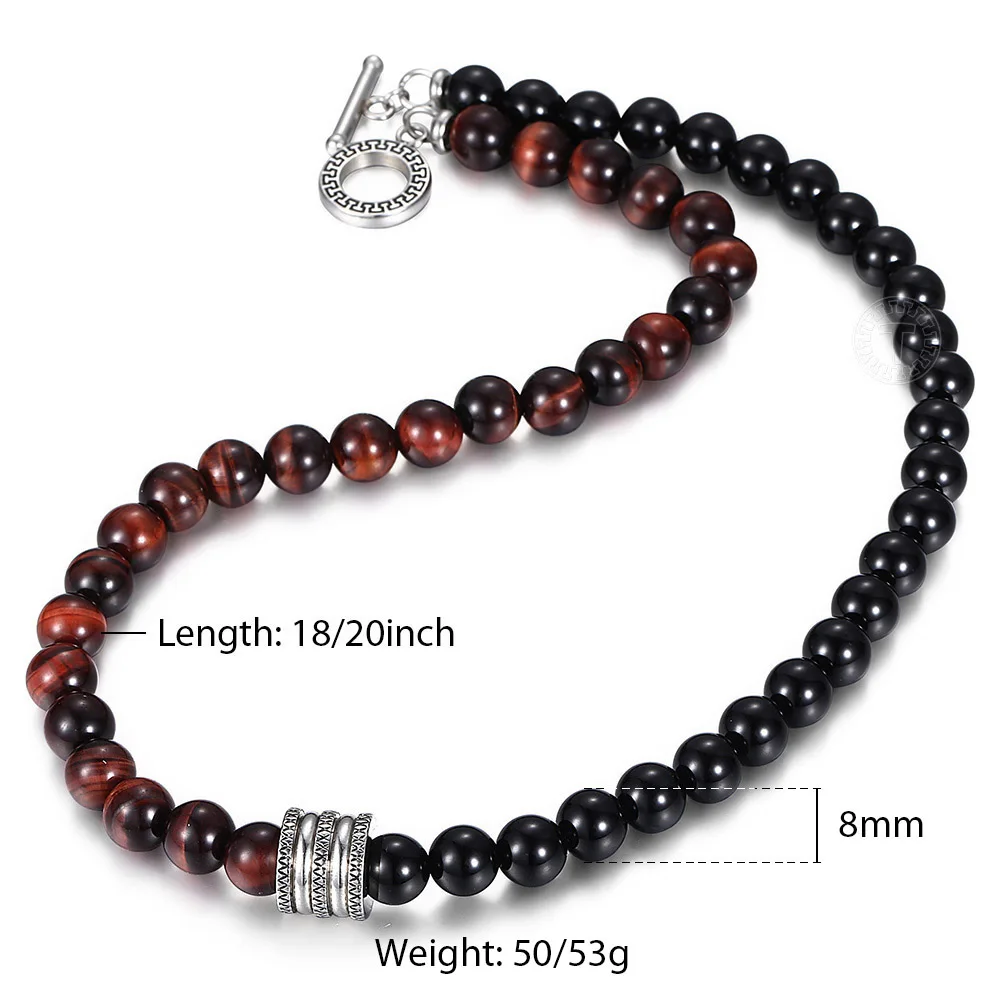 Женское, мужское ожерелье из бисера, смешанный красный тигровый глаз, черный натуральный камень, ожерелье для мужчин и женщин, нержавеющая сталь, очаровательные подарки LTNB00103
