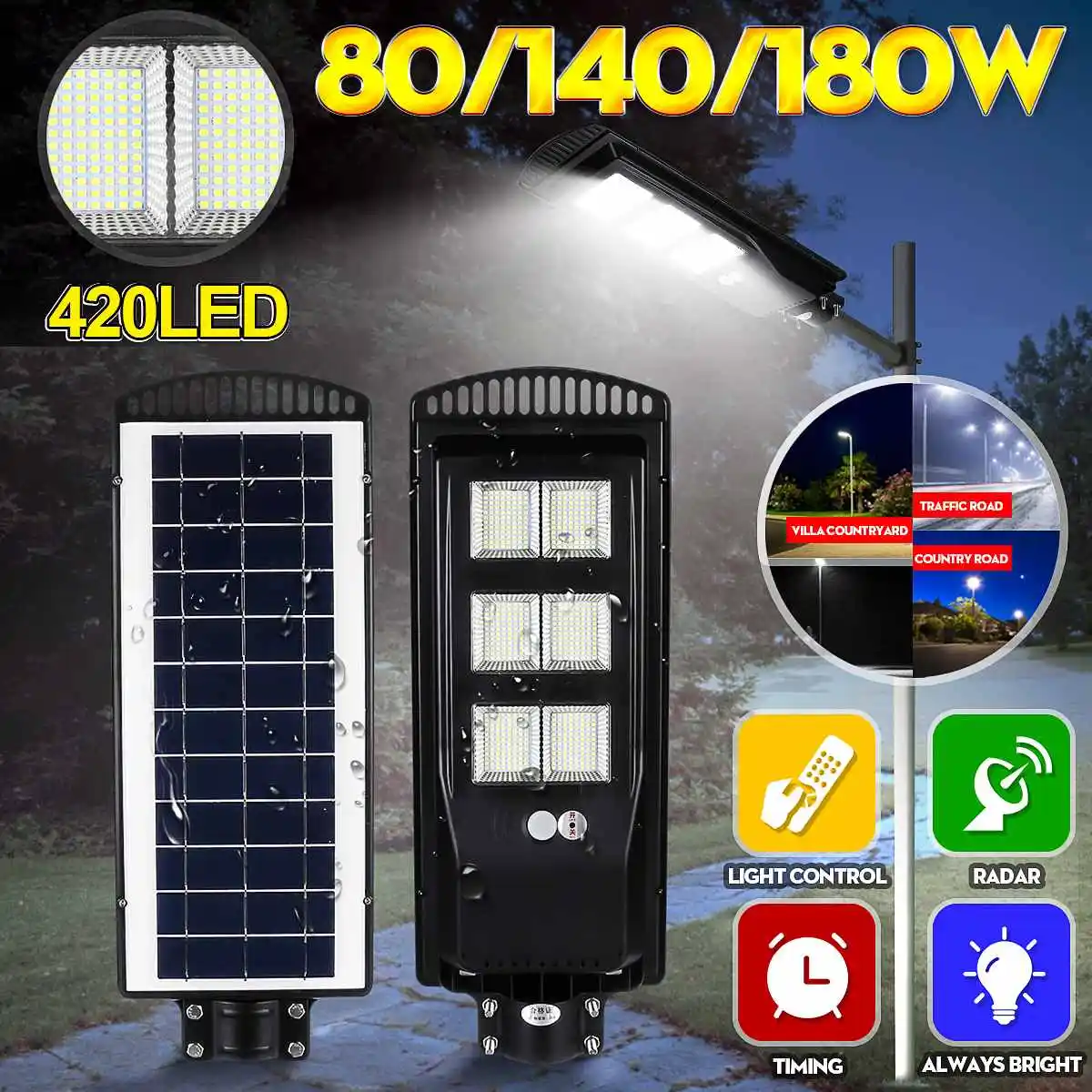 

LED Street Light 80/140/180W LED Solar Light Rada r PIR Motion Sensor Wall Timing Lamp+Remote Waterproof for Garden Yard