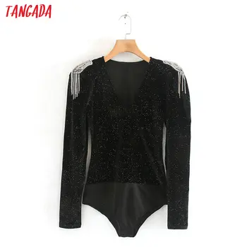 

Tangada sexy shoulder decorate velvet bodysuit for wmen body suit v neck long sleeve party black shirt playsuit 2XN162
