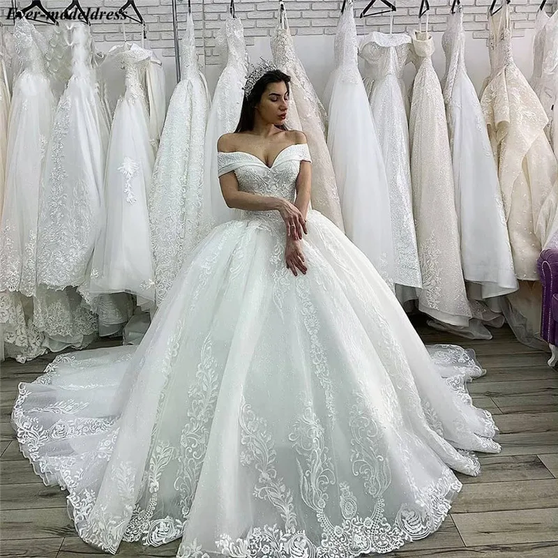 Vestido De Noiva кружевные свадебные платья Роскошные с открытыми плечами с аппликацией из бисера блестящие бальные платья свадебные платья невесты платье
