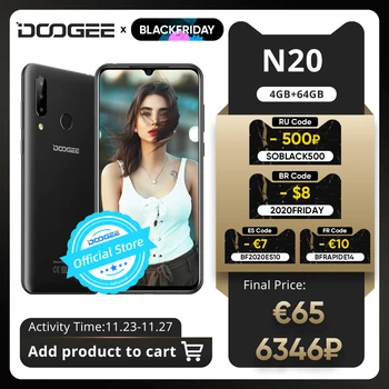 DOOGEE-N20 هاتف محمول بصمة 6.3 بوصة FHD+, 16MP كاميرا خلفية ثلاثية 64GB 4GB MT6763 ثماني النواة 4350mAh هاتف محمول LTE 1