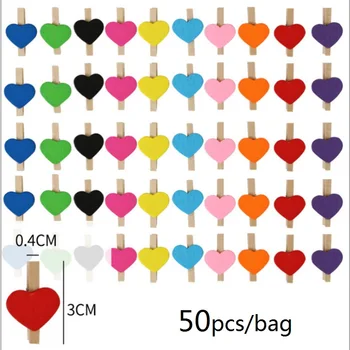 

50pcs/bag 3cm Mini Photo Colored Heart Clips,Creative Spring Wood Clips Home Party Decoration Cartoon Craft