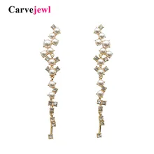 Carvejewl Korea design Clear rhinestone wedding earrings new luxury Elegant Women Bride simulated Pearl Long Chandelier Earrings