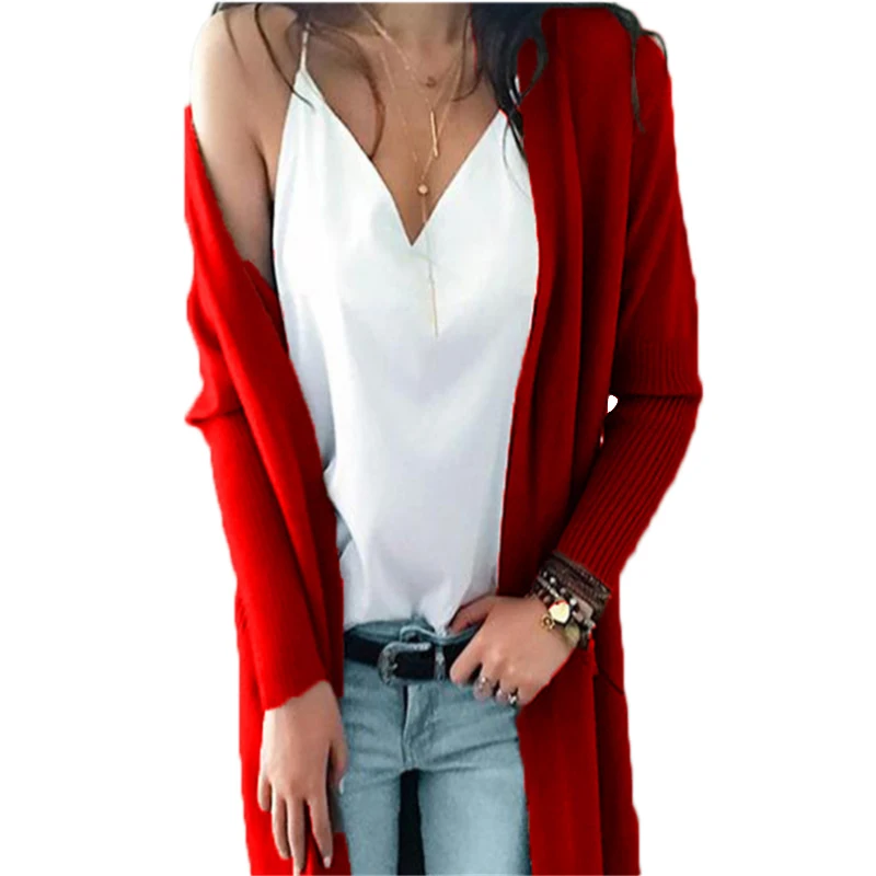 Вязаный кардиган, женский кашемировый однотонный топ, свитер,, корейский стиль, одежда для женщин, свободный свитер, Женский Повседневный зимний длинный кардиган - Цвет: Red
