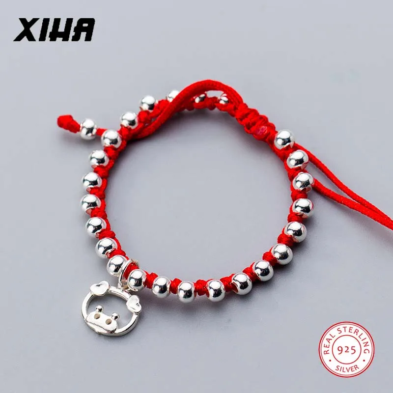 Счастливая Регулируемый красной нитью строка браслет с бусинами и подвесками зодиака Свинья 925 пробы серебро плетеная веревка для маленькой девочки Браслеты