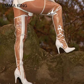 

Sexy Ladies Transparent PVC Party Overknee Boots Clear Thin High Heels Thigh High Boots Pointed Toe Long Boots Women White Black