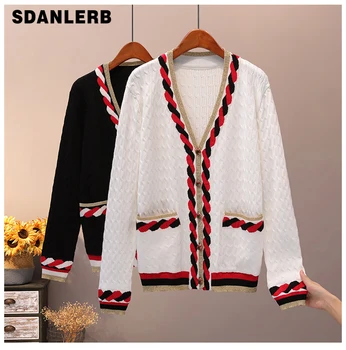 

European Autumn and Winter New Colour Patch Knitted Cardigan Women's Loose V-collar Sweater Jacket Thick Cardigans Ladies