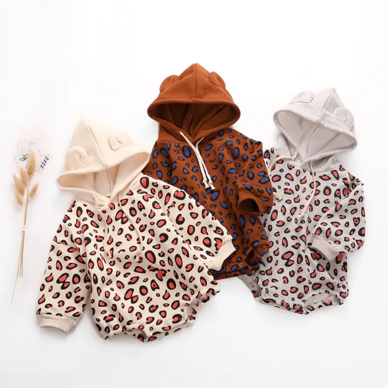 

3M-2Y Baby Boy Girl Romper Thicken Velvet Leopard Pattern Long Sleeve Winter Hoodie Bodysuit Newborn Outfits Sweatshirts Cloth