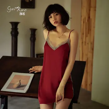 

M40-55KG/L50-65KG Sexy Underwear Summer Deep V Simulation Silk Lace Thin Sexy Temptation Suspender Nightdress E07