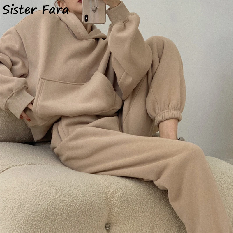 Sister Fara New Spring Autumn Casual Set Woman 2 Pieces Short Hooded Sweater+Elastic Waist Wide Leg Pants Female Two-piece Suit |