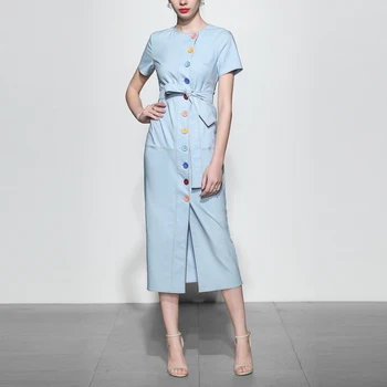 

Seifrmann Summer Fashion Designer Split Denim Dress Women Short sleeve Bow Belt Multicolor Button Female High Street Midi Dress