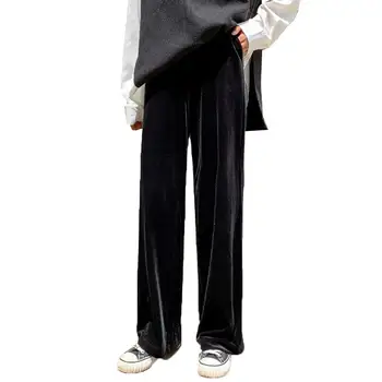 

Autumn Winter Pants Women Casual High Waist Elastic Velvet Pants Women Fashion Pleated Wide Leg Pants Black Loose Long Pants