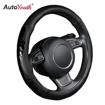 

AUTOYOUTH PU Leather Steering Wheel Cover Black Lychee Pattern with Fashion Serpentine Leather M size fits 38cm/15" Diameter