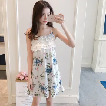 

Sexy Strap Top Summer Cotton Nightgown Lady Nightdress Sweet Print Flower Lace Trim Sleepshirt Nightshirt Lounge Home Dress