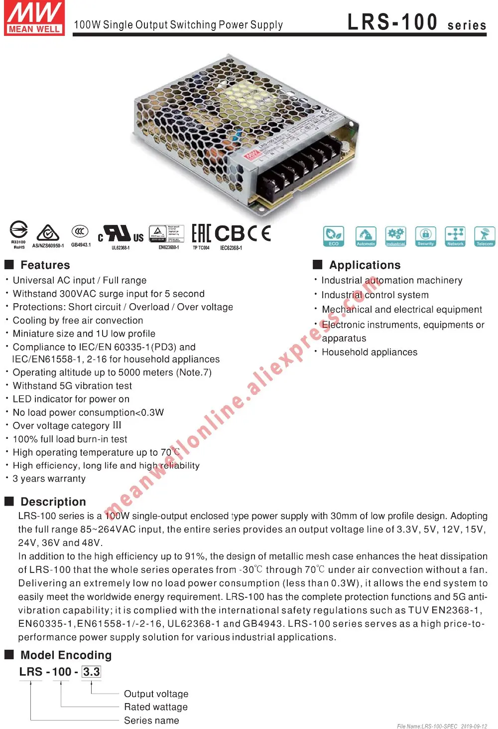 Бренд Mean Well представляет LRS-100-3.3V 5V 12V 15V 24V 36V 48V Переключая Питание meanwell AC/DC 100W питания с одним выходом