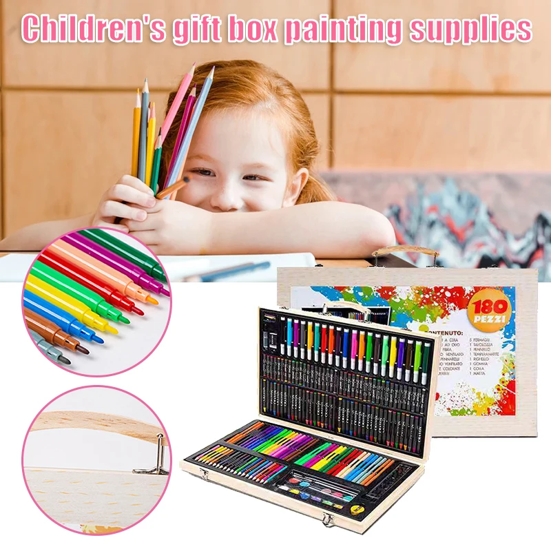 180PCS/set Art Painting Set with Wooden Box Children's Drawing Watercolor Brush Colored Pencil Marker Crayon | Канцтовары для