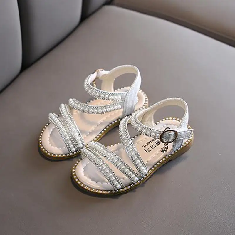 Summer Girls Shoes Bead Mary Janes Flats Fling Princess Shoes Baby Dance Kids Sandals Children Wedding Pink D238