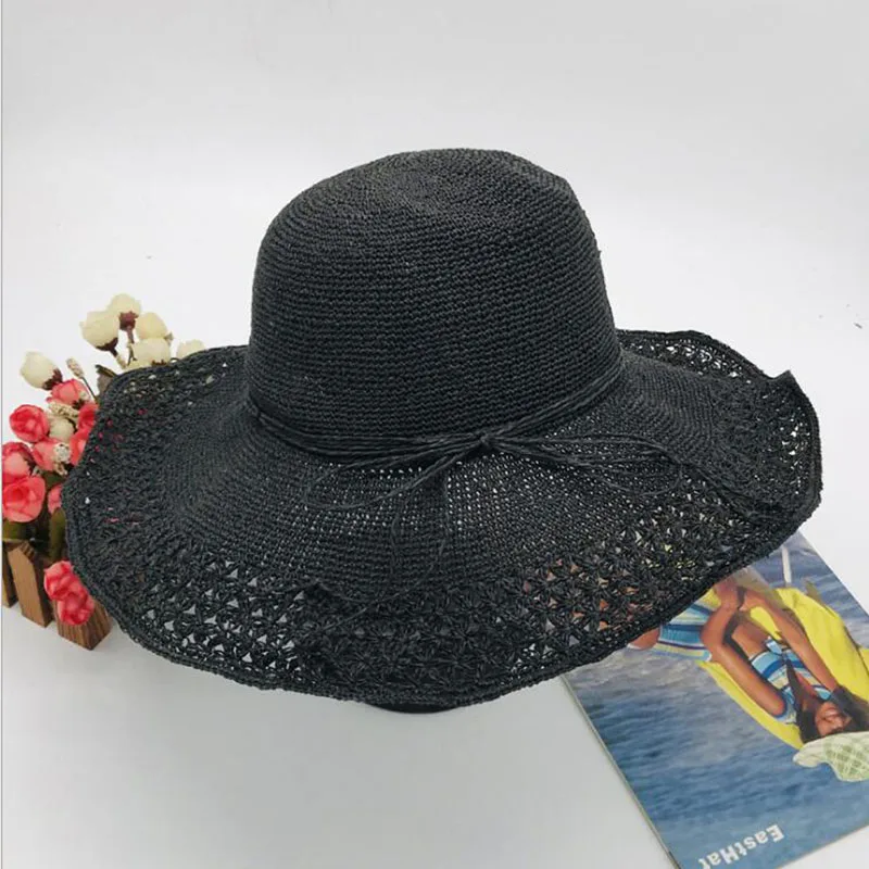 

Summer handmade big brim bowtie ribbon paper straw women's hats popular cool nice beautiful high quality fashion foldable hats