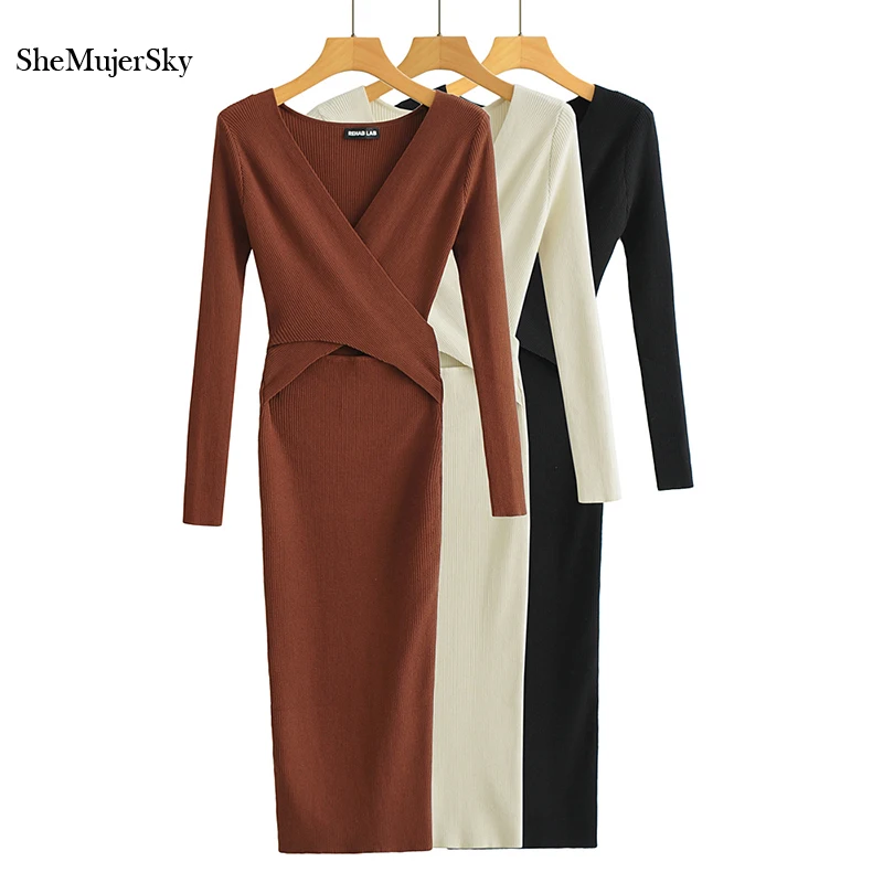 

SheMujerSky Women Long Sleeve Cross V-neck Dress 2021 Elastic Slim Midi Solid Color Dresses robe femme