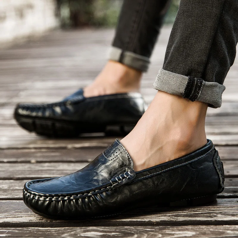 

2019 Comfortable Genuine Leather Soft Men Shoes fashion breathable Loafers Male Moccasins Flats Casual Boat shoes big size 48 L5