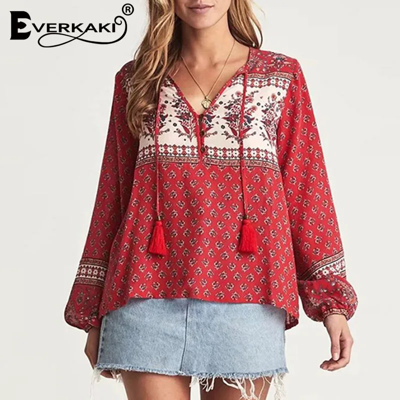 Red Everkaki, Boho, цветочный принт, блузка, топы для женщин, Ретро стиль, на шее, завязанные пуговицы, летние женские блузки, Топ для женщин,, осень, Новая мода - Цвет: Red